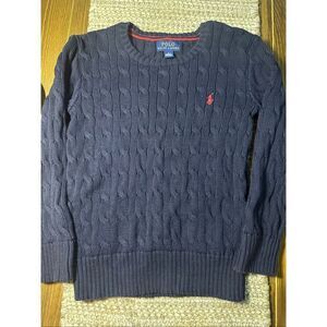 VINTAGE Polo Ralph Lauren Sweater youth Small Navy Blue 6 Cable Knit Crewneck Pr